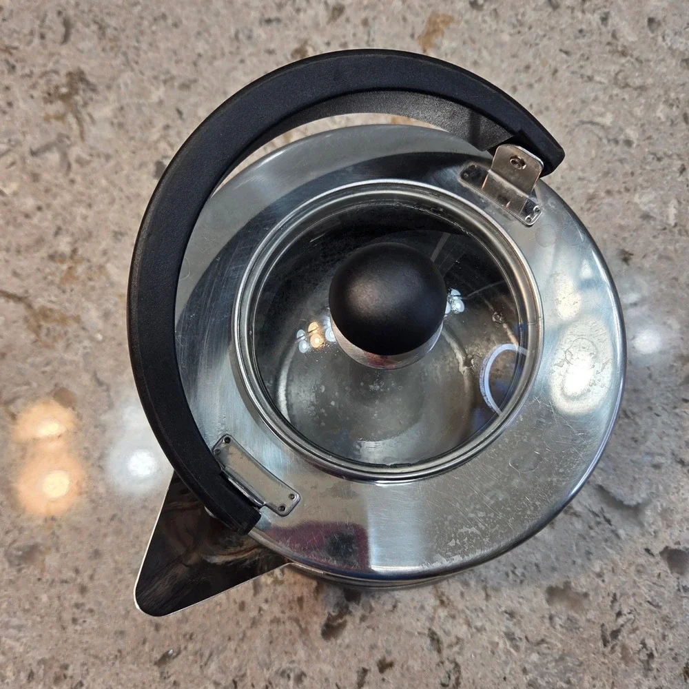 Stainless Steel Stovetop Tea Kettle with Glass Lid and Black Arched Handle